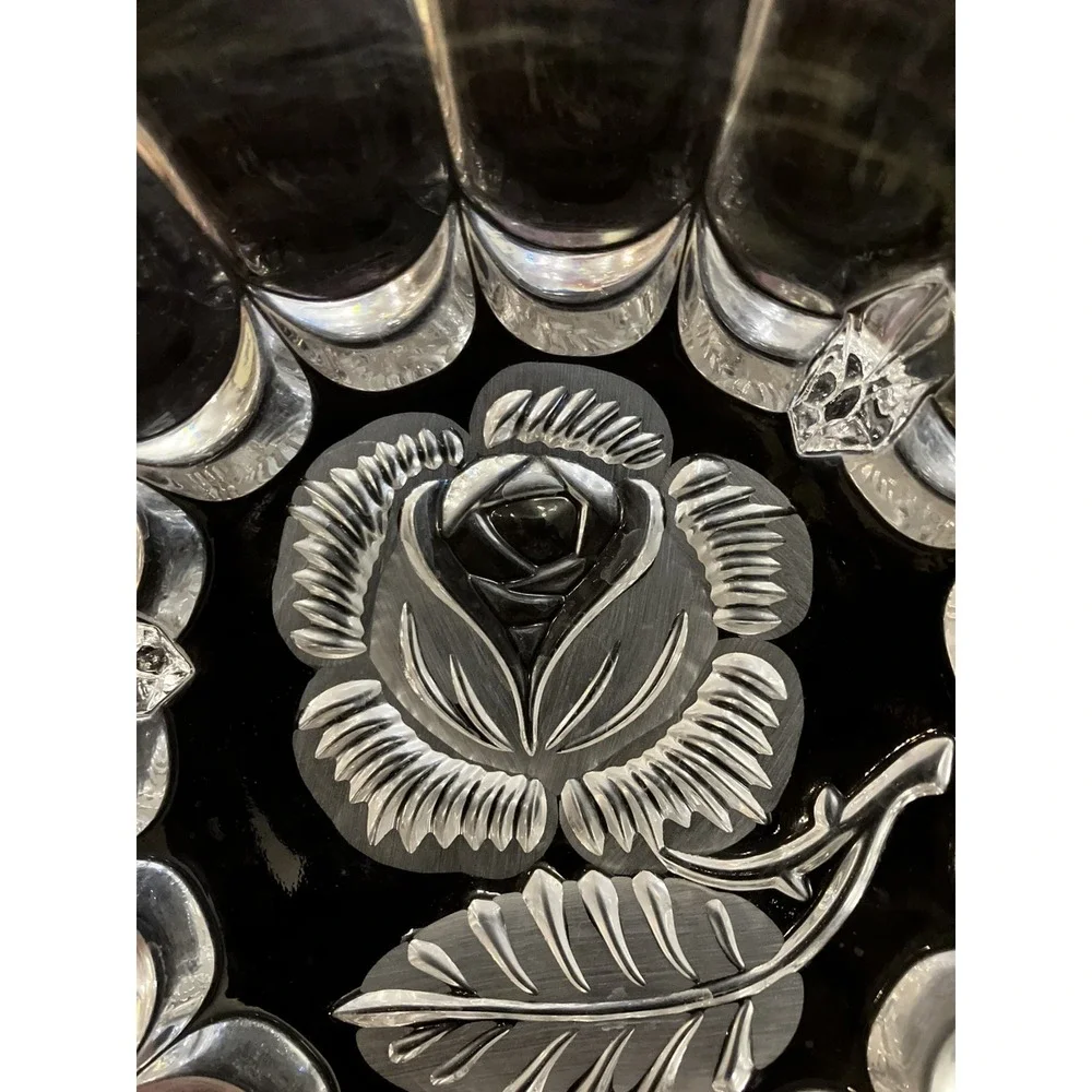 Vintage Imperlux Pressed Crystal Footed Bowl Candy Dish Fluted Edges Etched Rose